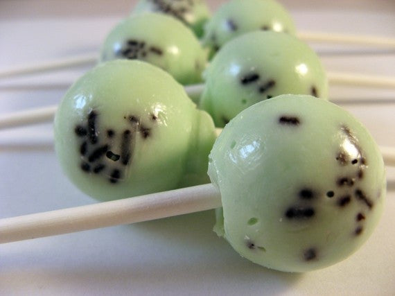 Mint chocolate chip lollipops by I Want Candy!